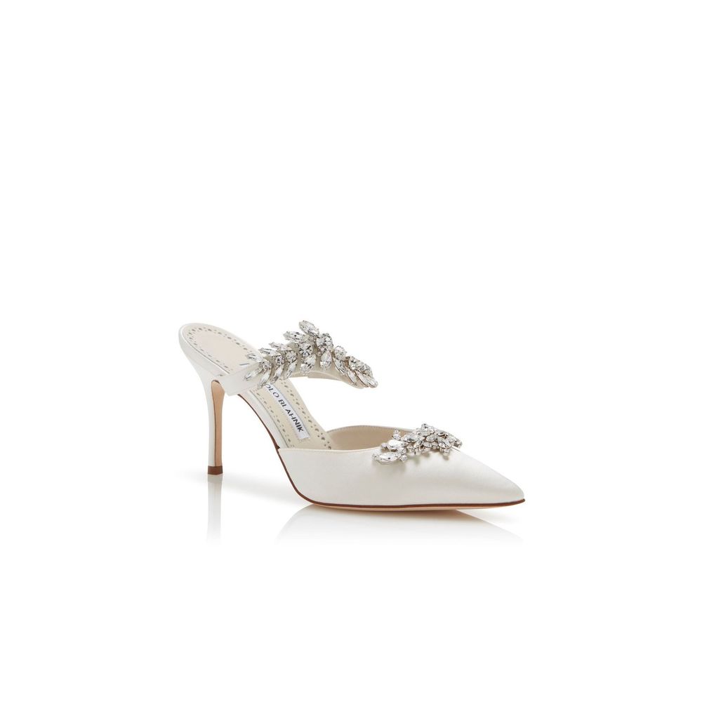 Manolo Blahnik Lurum White Satin Crystal Embellished Mules US$1,395.00 Size 36